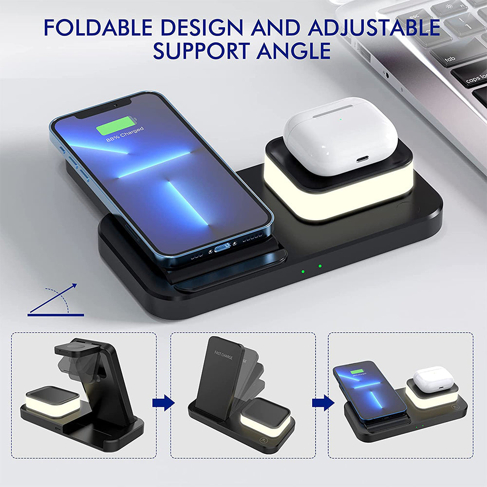 4 in 1 Wireless Charger Foldable Fast Charging Station with Touch Lamp for iPhone Watch Airpods -Black