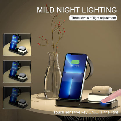 4 in 1 Wireless Charger Foldable Fast Charging Station with Touch Lamp for iPhone Watch Airpods -Black