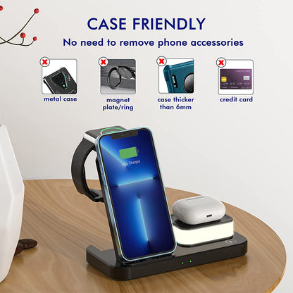 4 in 1 Wireless Charger Foldable Fast Charging Station with Touch Lamp for iPhone Watch Airpods -Black