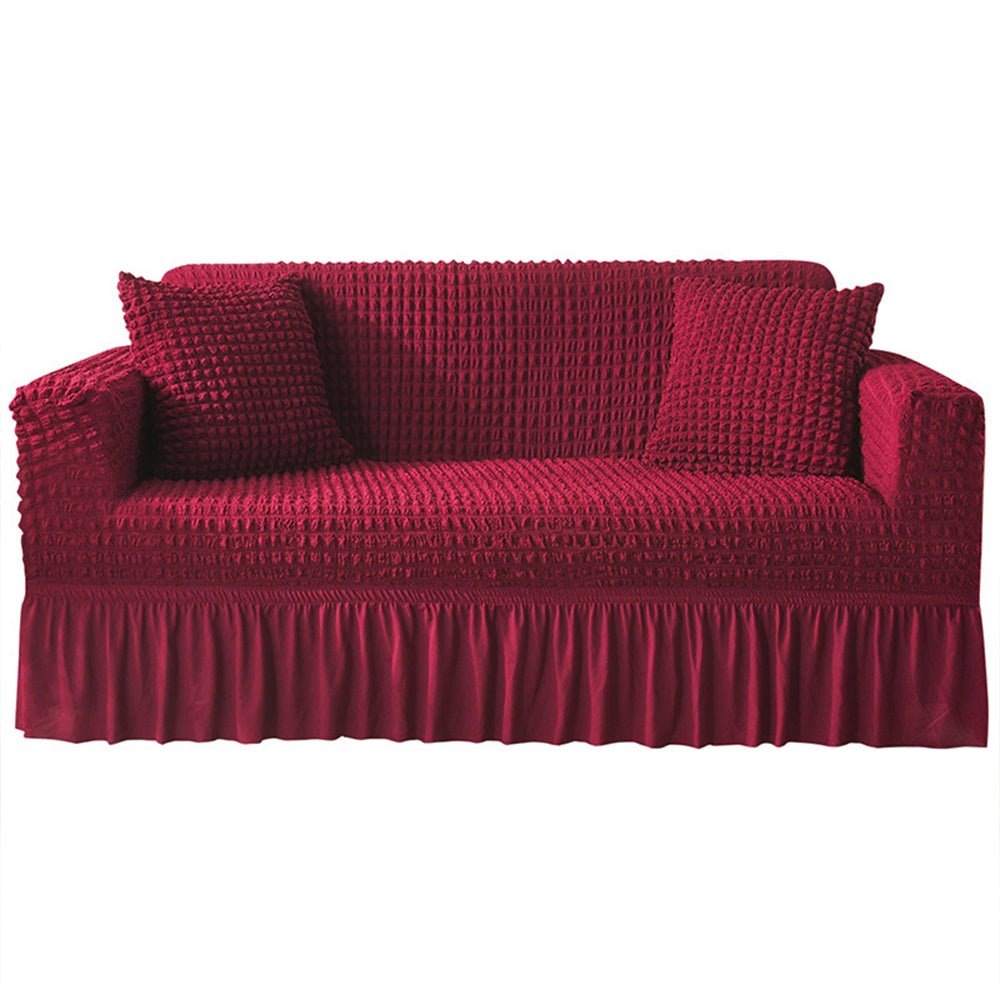 Sofa Cover Seersucker Sofa Cover with Skirt Stretch Anti-dirty Slipcovers-Wine red