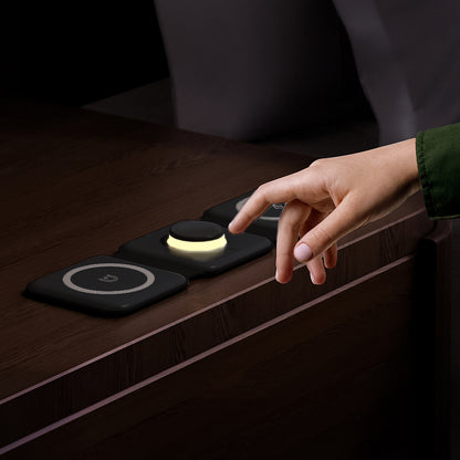 Foldable Magnetic Wireless Charger 3 in 1 Charging Station with Night Light for iPhone Apple Watch Airpods -Black