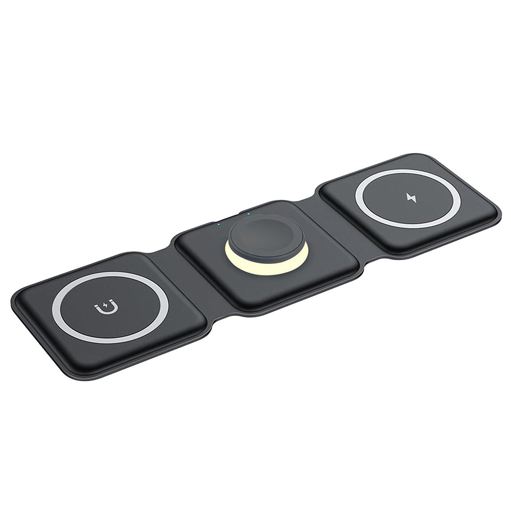Foldable Magnetic Wireless Charger 3 in 1 Charging Station with Night Light for iPhone Apple Watch Airpods -Black