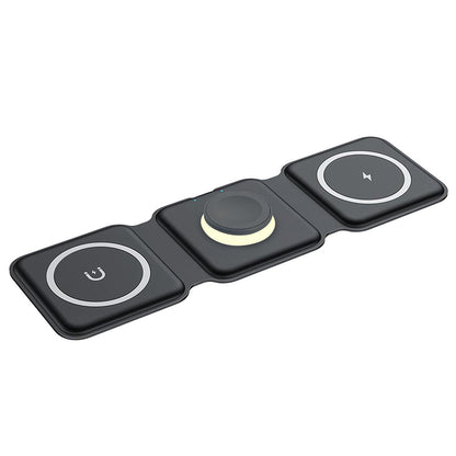 Foldable Magnetic Wireless Charger 3 in 1 Charging Station with Night Light for iPhone Apple Watch Airpods -Black