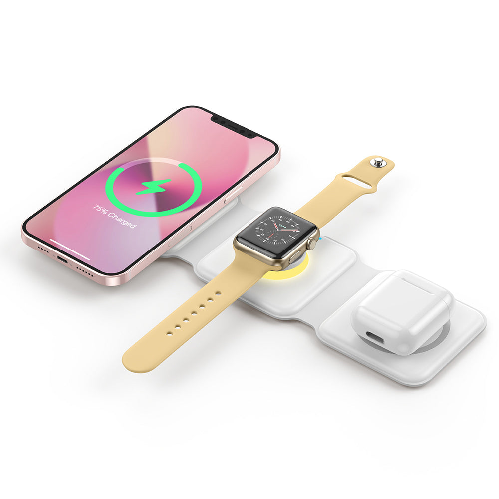 Foldable Magnetic Wireless Charger 3 in 1 Charging Station with Night Light for iPhone Apple Watch Airpods -White