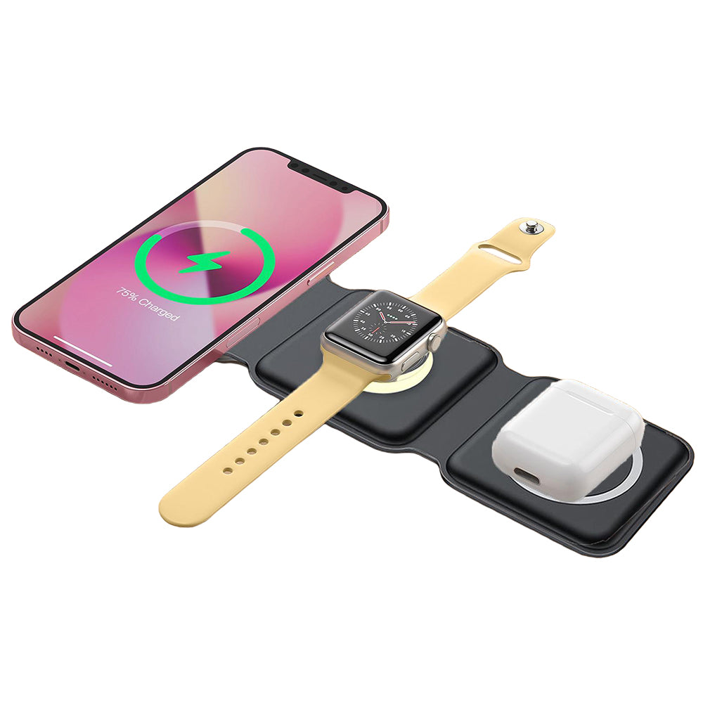 Foldable Magnetic Wireless Charger 3 in 1 Charging Station with Night Light for iPhone Apple Watch Airpods -Black