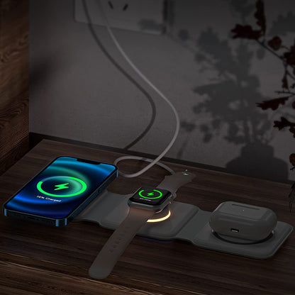 Foldable Magnetic Wireless Charger 3 in 1 Charging Station with Night Light for iPhone Apple Watch Airpods -Black