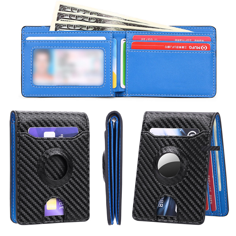 AirTag Wallet Holder RFID Blocking Bifold Credit Card Holder Wallet -Black with blue