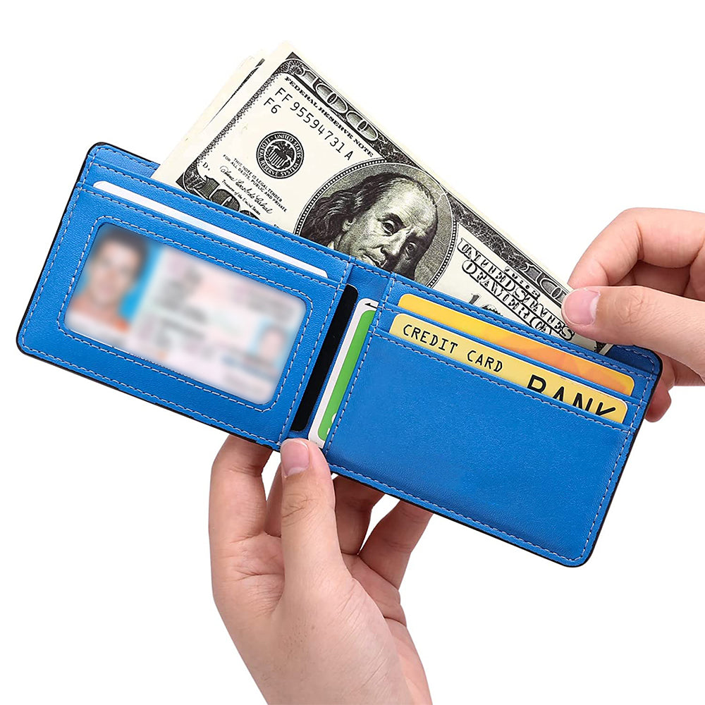 AirTag Wallet Holder RFID Blocking Bifold Credit Card Holder Wallet -Black with blue