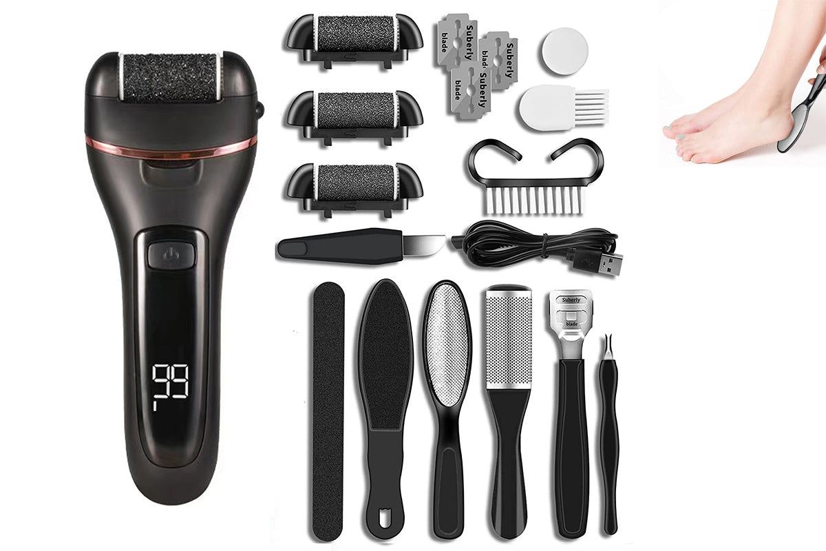 Electric Callus Remover for Feet Waterproof 14-in-1 Professional Pedicure Kit with 3 Roller Heads 2 Speed Battery Display- Black