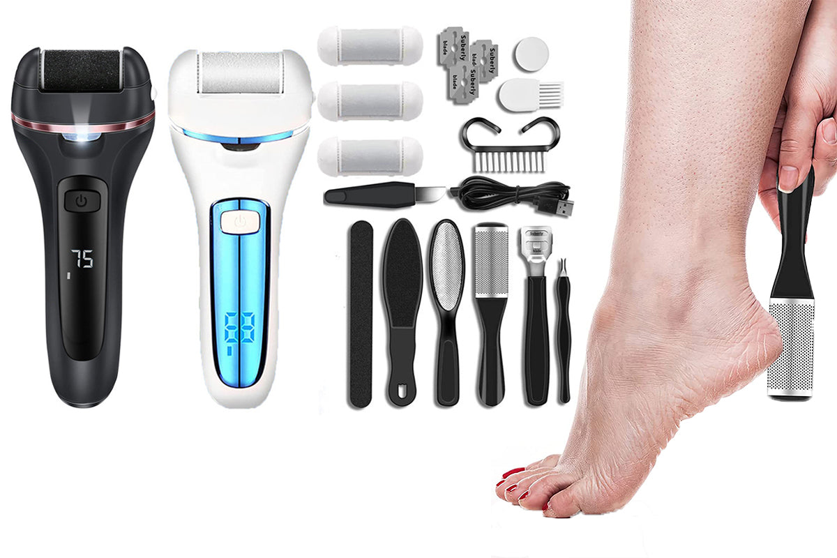 2 Sets Electric Callus Remover for Feet Waterproof 14-in-1 Pedicure Kit with 3 Roller Heads 2 Speed Battery Display -Black and Blue