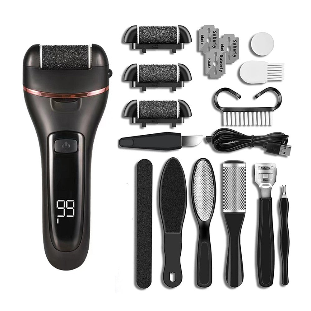 Electric Foot File Callus Remover with 10-Piece Pedicure Tool Set - Black