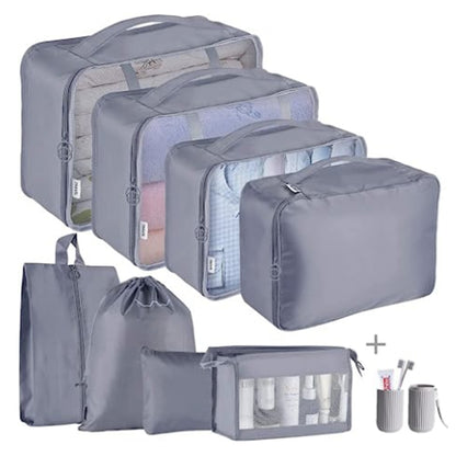 9Pcs Set Packing Pouch Suitcase Clothes Storage Bags Travel Luggage Organizer and Toothbrush Cup -Gray