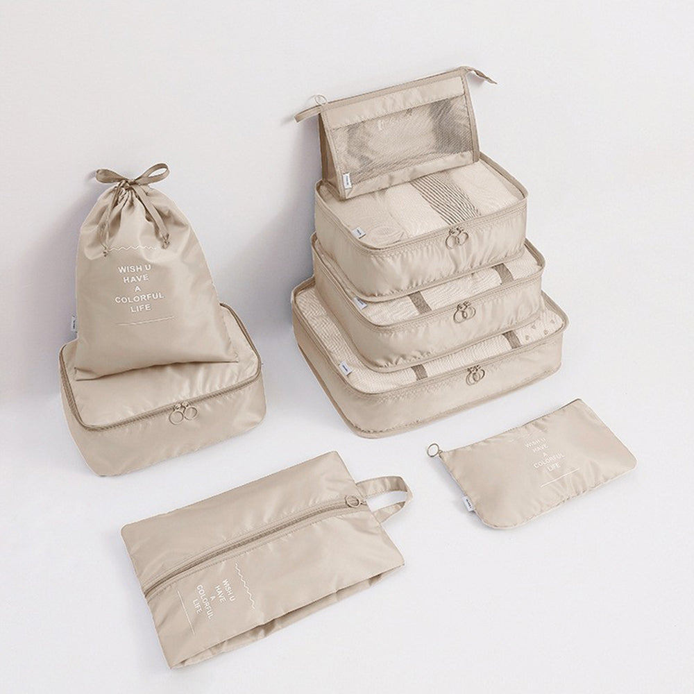 9Pcs Set Packing Pouch Suitcase Clothes Storage Bags Travel Luggage Organizer and Toothbrush Cup -Beige
