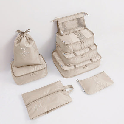 9Pcs Set Packing Pouch Suitcase Clothes Storage Bags Travel Luggage Organizer and Toothbrush Cup -Beige