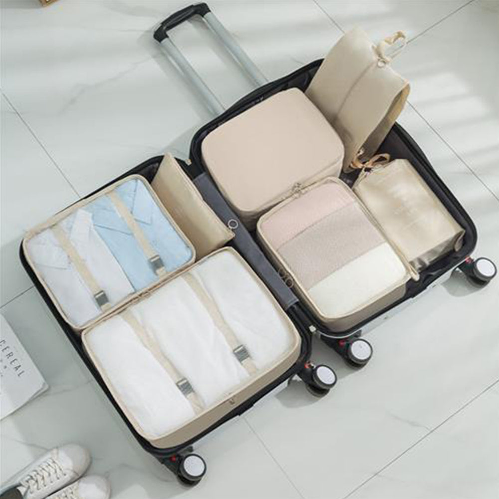 9Pcs Set Packing Pouch Suitcase Clothes Storage Bags Travel Luggage Organizer and Toothbrush Cup -Beige