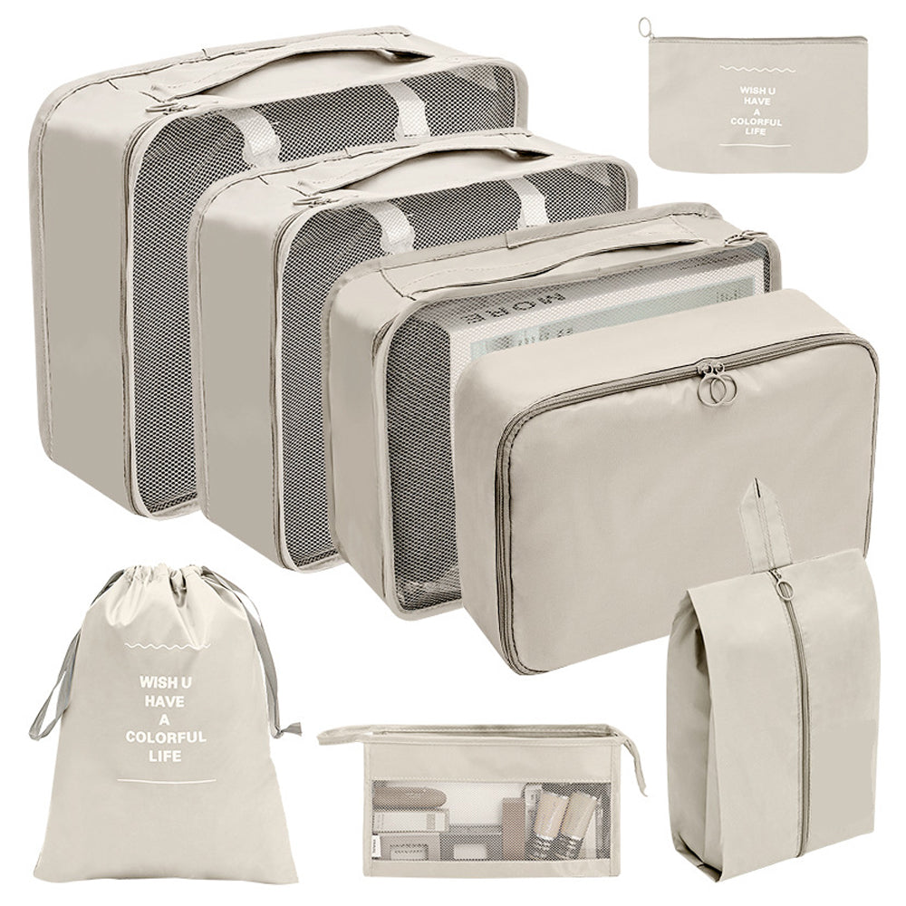 9Pcs Set Packing Pouch Suitcase Clothes Storage Bags Travel Luggage Organizer and Toothbrush Cup -Beige