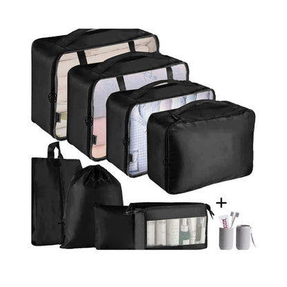 9Pcs Set Packing Pouch Suitcase Clothes Storage Bags Travel Luggage Organizer and Toothbrush Cup -Black