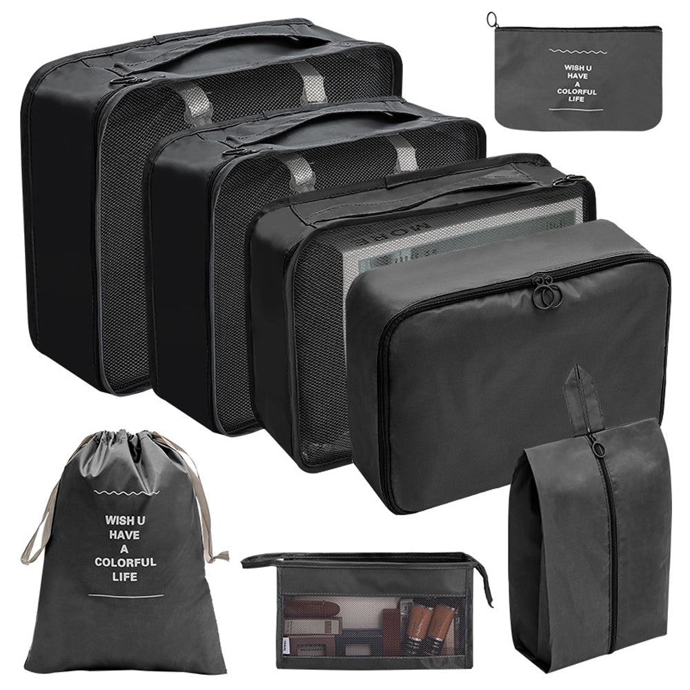 9Pcs Set Packing Pouch Suitcase Clothes Storage Bags Travel Luggage Organizer and Toothbrush Cup -Black
