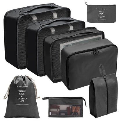 9Pcs Set Packing Pouch Suitcase Clothes Storage Bags Travel Luggage Organizer and Toothbrush Cup -Black