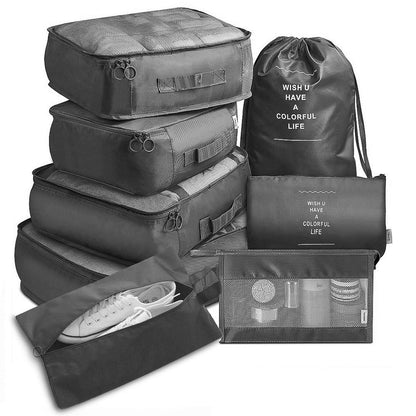 9Pcs Set Packing Pouch Suitcase Clothes Storage Bags Travel Luggage Organizer and Toothbrush Cup -Black