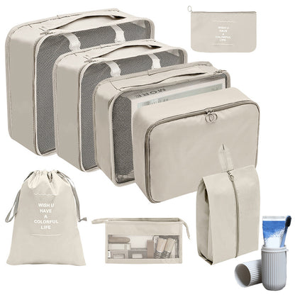 9Pcs Set Packing Pouch Suitcase Clothes Storage Bags Travel Luggage Organizer and Toothbrush Cup -Beige