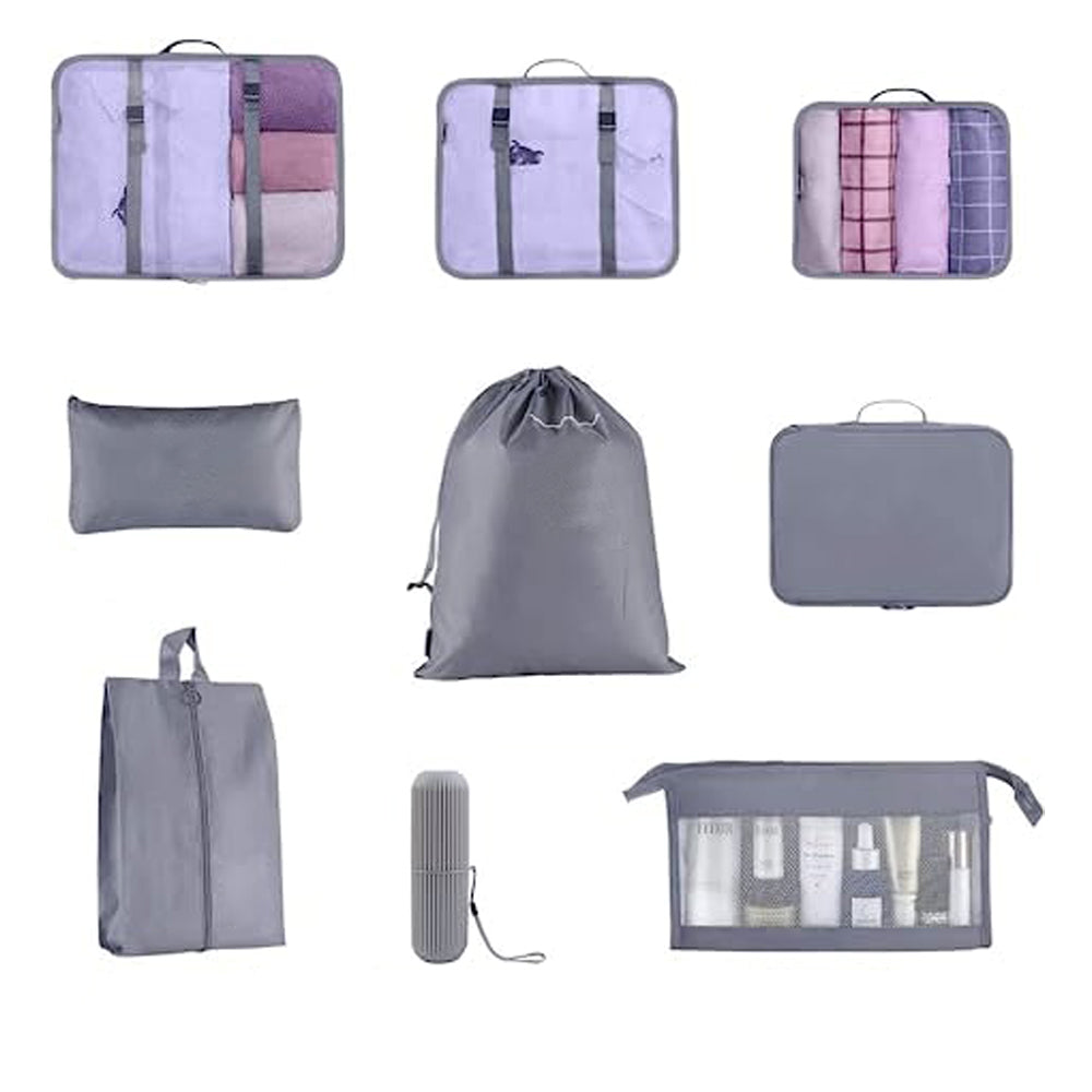 9Pcs Set Packing Pouch Suitcase Clothes Storage Bags Travel Luggage Organizer and Toothbrush Cup -Gray