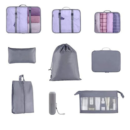 9Pcs Set Packing Pouch Suitcase Clothes Storage Bags Travel Luggage Organizer and Toothbrush Cup -Gray