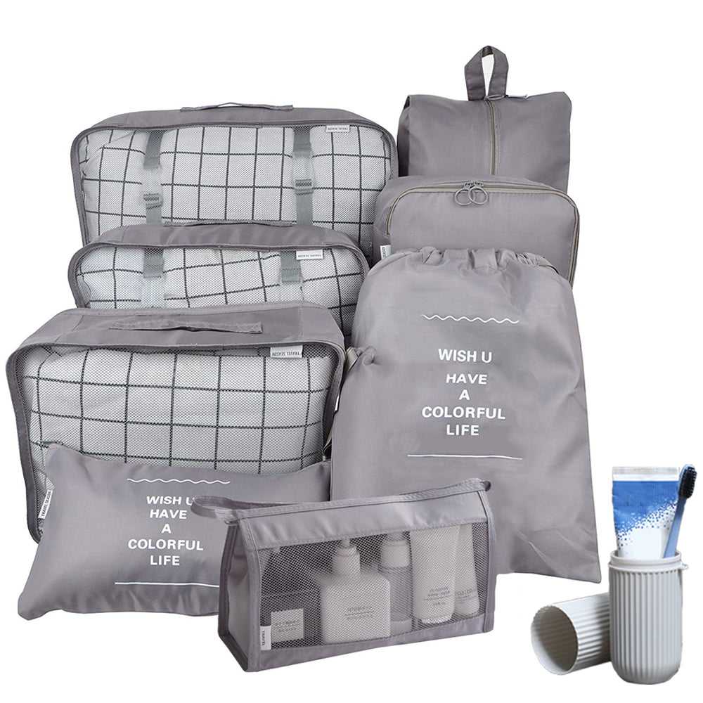 9Pcs Set Packing Pouch Suitcase Clothes Storage Bags Travel Luggage Organizer and Toothbrush Cup -Gray