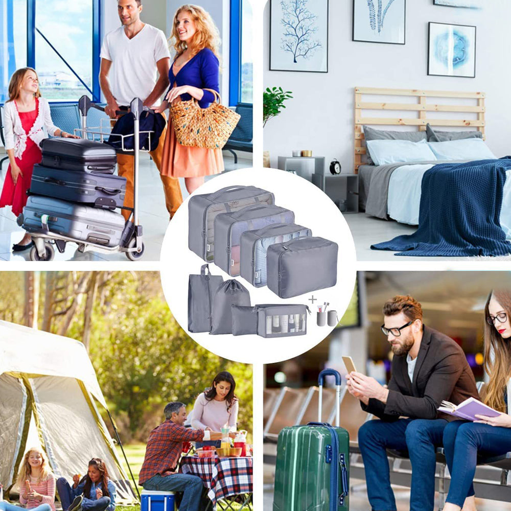 9Pcs Set Packing Pouch Suitcase Clothes Storage Bags Travel Luggage Organizer and Toothbrush Cup -Gray