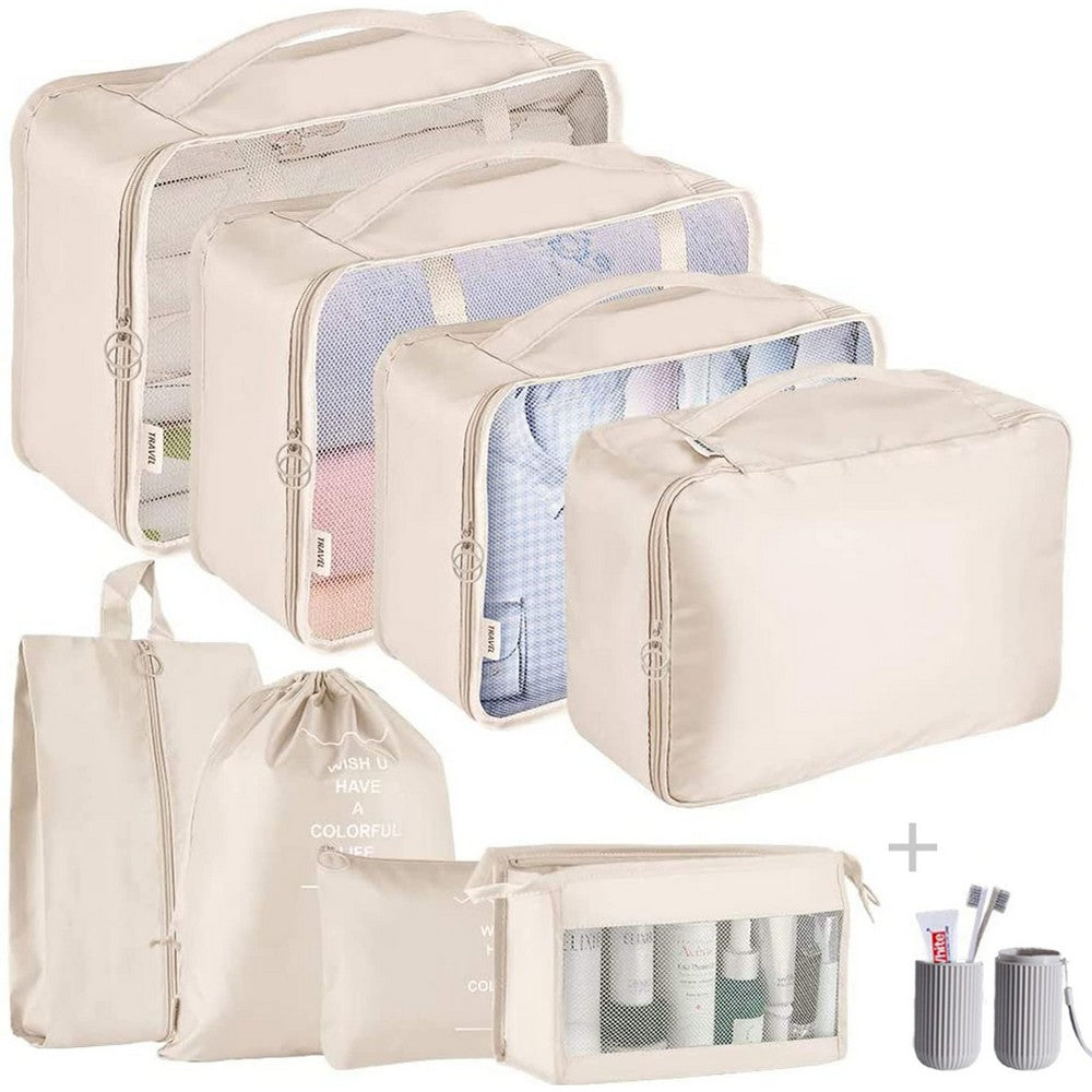 9Pcs Set Packing Pouch Suitcase Clothes Storage Bags Travel Luggage Organizer and Toothbrush Cup -Beige