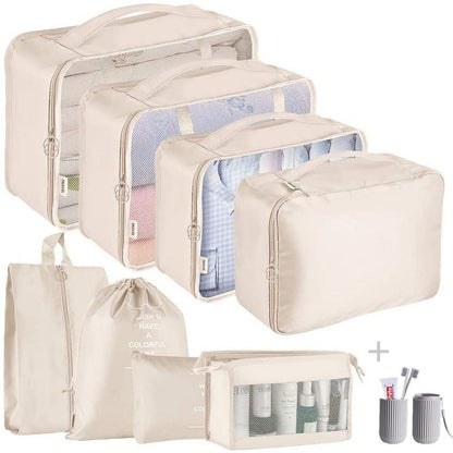 9Pcs Set Packing Pouch Suitcase Clothes Storage Bags Travel Luggage Organizer and Toothbrush Cup -Beige
