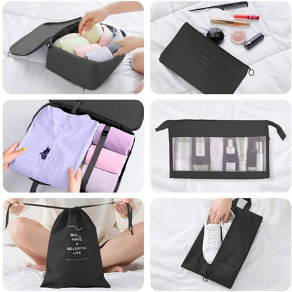 9Pcs Set Packing Pouch Suitcase Clothes Storage Bags Travel Luggage Organizer and Toothbrush Cup -Black