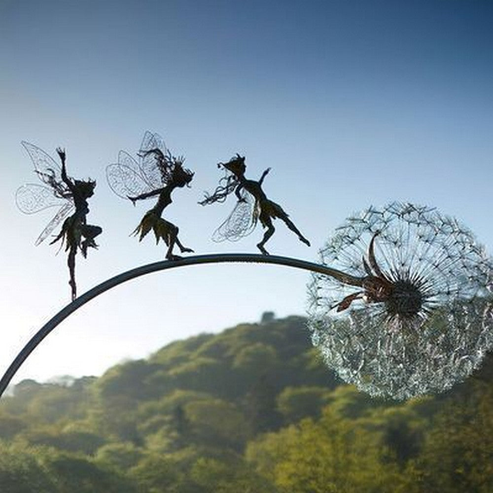Fairies Dandelions Garden Art Sculpture Dance Together Stainless Steel Yard Fairy Sculpture for Patio Lawn Yard -Style 1