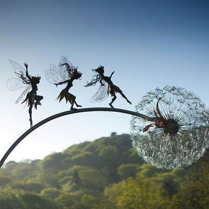 Fairies Dandelions Garden Art Sculpture Dance Together Stainless Steel Yard Fairy Sculpture for Patio Lawn Yard -Style 1
