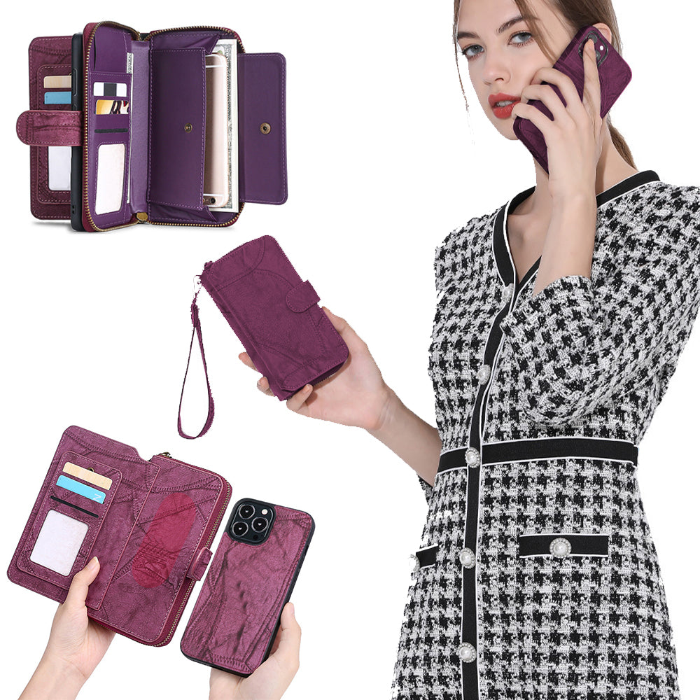 Wallet Case Compatible for iPhone 13 14 Series Women Detachable Phone Cover with Card Holder -Wine Red-13M