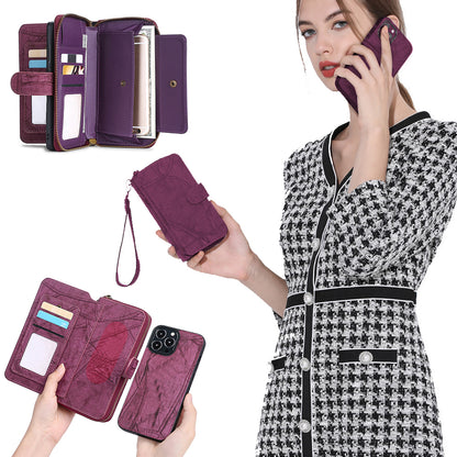 Wallet Case Compatible for iPhone 13 14 Series Women Detachable Phone Cover with Card Holder -Wine Red-13M