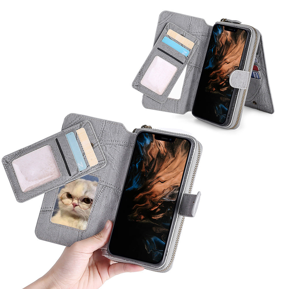 Wallet Case Compatible for iPhone 13 14 Series Women Detachable Phone Cover with Card Holder -Grey-13M