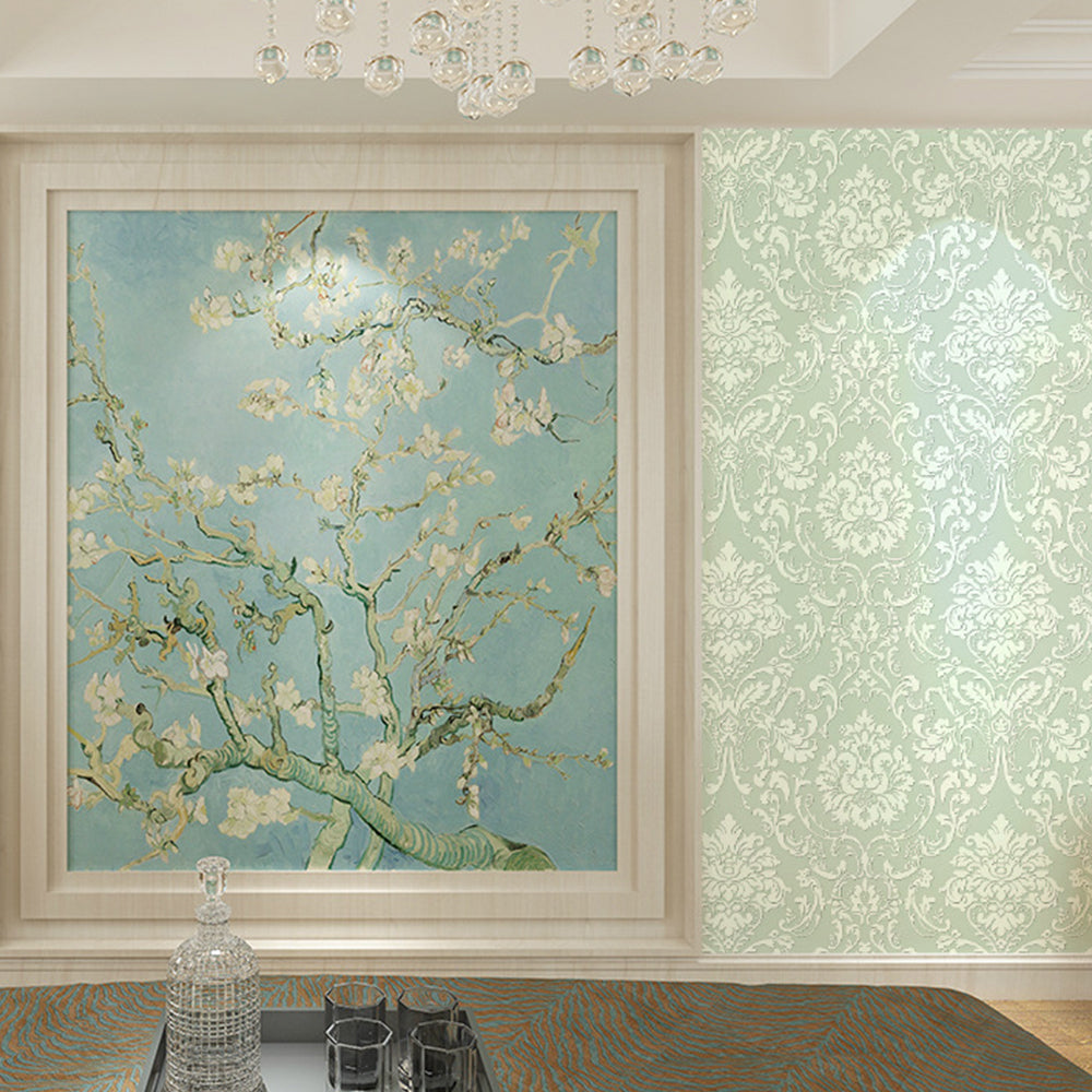 Self Adhesive Wallpaper for Kitchen 3D Damask Flocking - Green