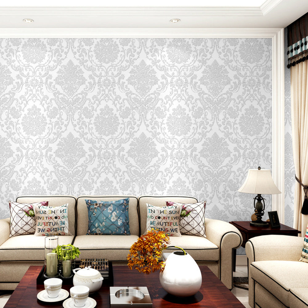 Self Adhesive Wallpaper for Kitchen 3D Damask Flocking - White