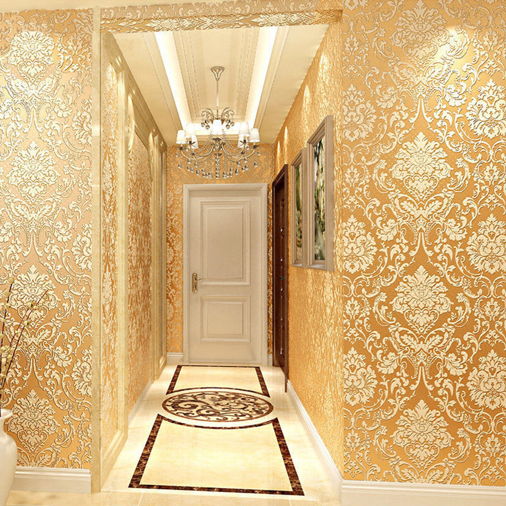Self Adhesive Wallpaper for Kitchen 3D Damask Flocking - Yellow