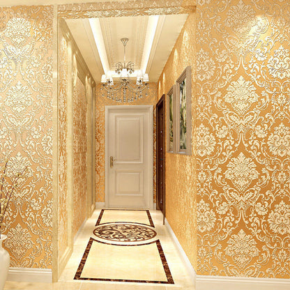 Self Adhesive Wallpaper for Kitchen 3D Damask Flocking - Yellow