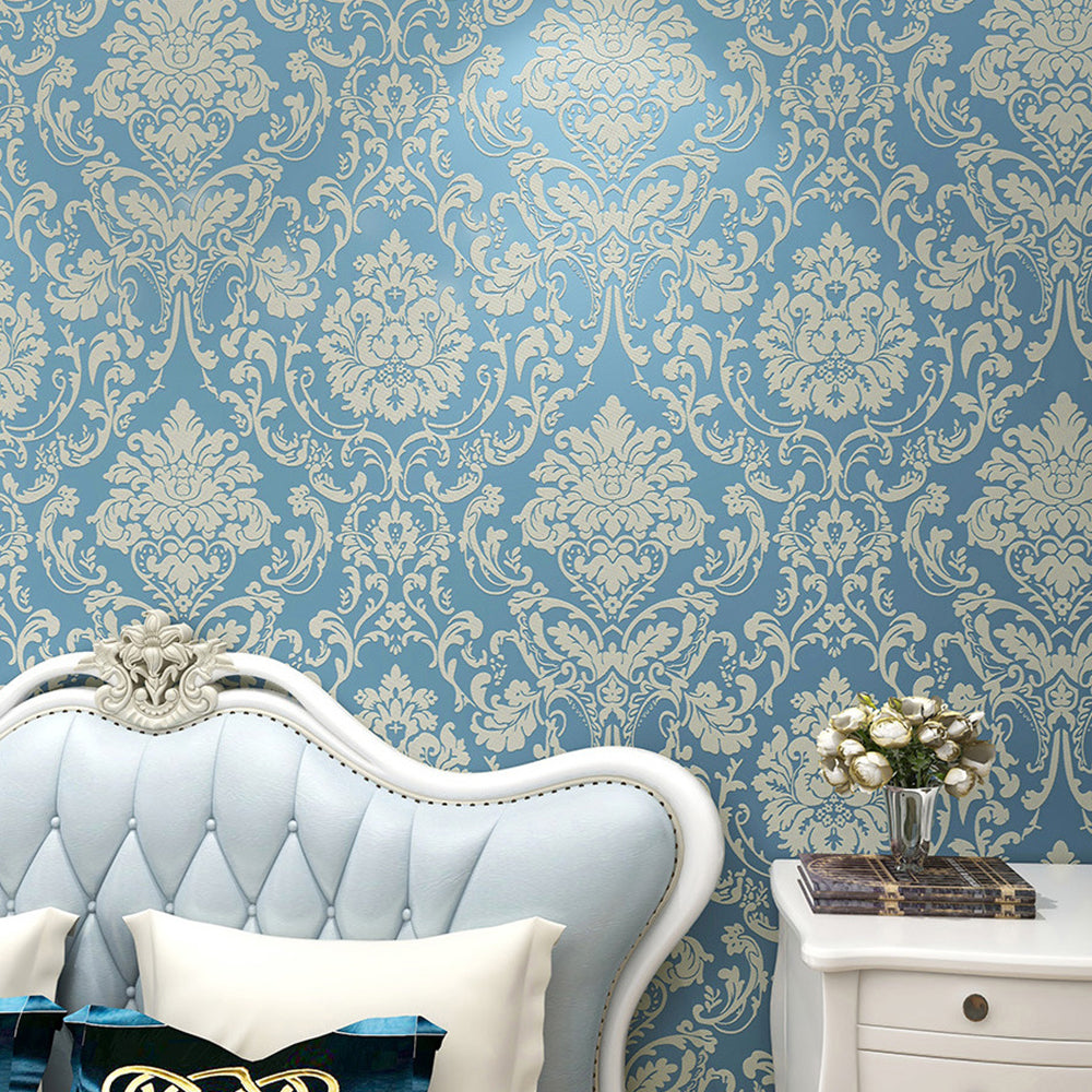 Self Adhesive Wallpaper for Kitchen 3D Damask Flocking - Blue
