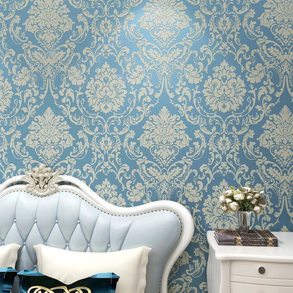 Self Adhesive Wallpaper for Kitchen 3D Damask Flocking - Blue
