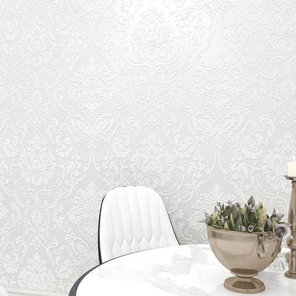 Self Adhesive Wallpaper for Kitchen 3D Damask Flocking - White