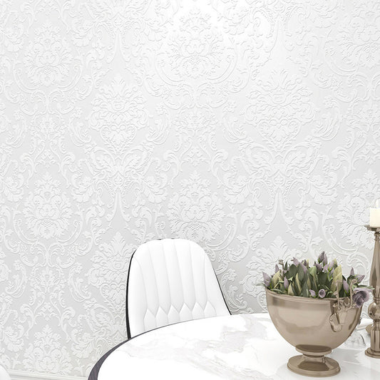 Self Adhesive Wallpaper for Kitchen 3D Damask Flocking - White