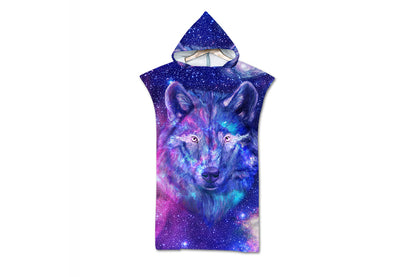 Hooded Beach Towel Unisex  Changing Robe Quick Dry Towel-Wolf and galaxy