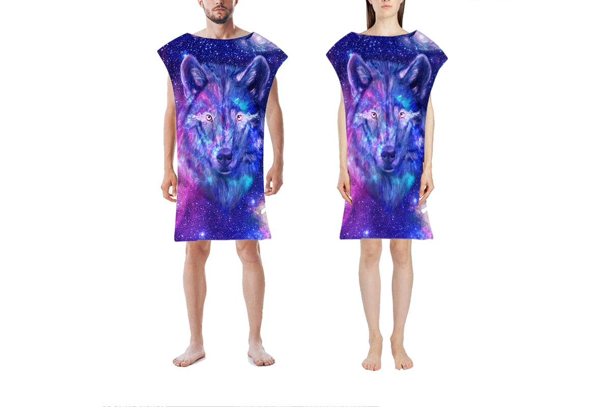 Hooded Beach Towel Unisex  Changing Robe Quick Dry Towel-Wolf and galaxy