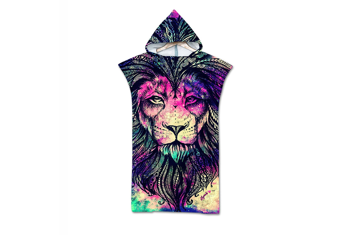 Hooded Beach Towel Unisex  Changing Robe Quick Dry Towel-Purple lion