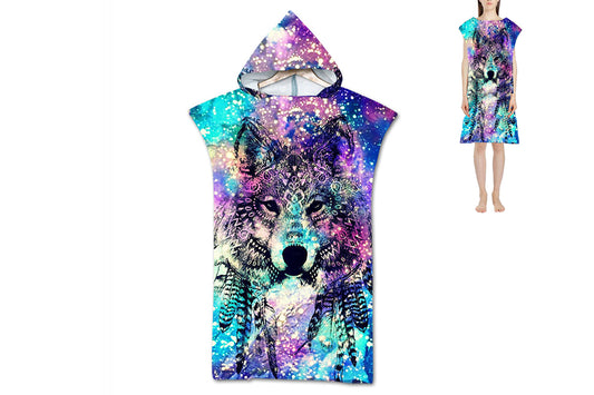 Unisex Hooded Beach Changing Robe - Wolf and white point