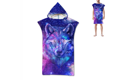 Hooded Beach Towel Unisex  Changing Robe Quick Dry Towel-Wolf and galaxy